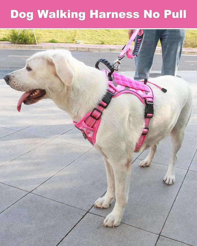 Tactical Dog Harness No Pull,Service Dog Vest with Handle,Pink Camo,L | Adjustable Military,Reflective ＆ Molle Loop Panels, for Medium Large Size Dogs for Training Walking Running