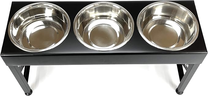 3 Bowl Dog Feeder Pet Feeding Station Triple 3 Quart Metal Dog Bowls 16 Inch Tall Made in USA