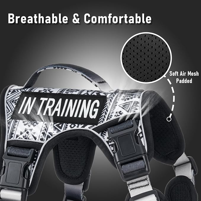 Tactical Dog Harness for Medium Large Dogs, No Pull Pet Harness with 2 Leash Clips, Adjustable Soft Padded Dog Vest, Reflective Pet Oxford Vest with Easy Control Handle, Black Ethnic M