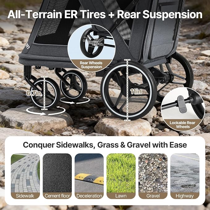 Beberoad Pet Stroller for Medium Dogs, Dog Stroller One-Second Fold, R7 All-Terrain with ER Tires, Mesh Dual-Window, Full Disassembly&Washable Waterproof Oxford Fiber