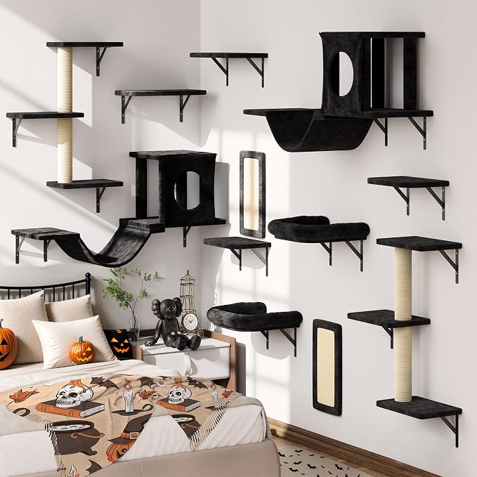 12-in-1 Cat Wall Shelves, Luxury Wall-Mounted Cat Climber Set with Condos House, Scratching Post, Bridge Ladder, Indoor Space-Saving Furniture for Kittens, Black