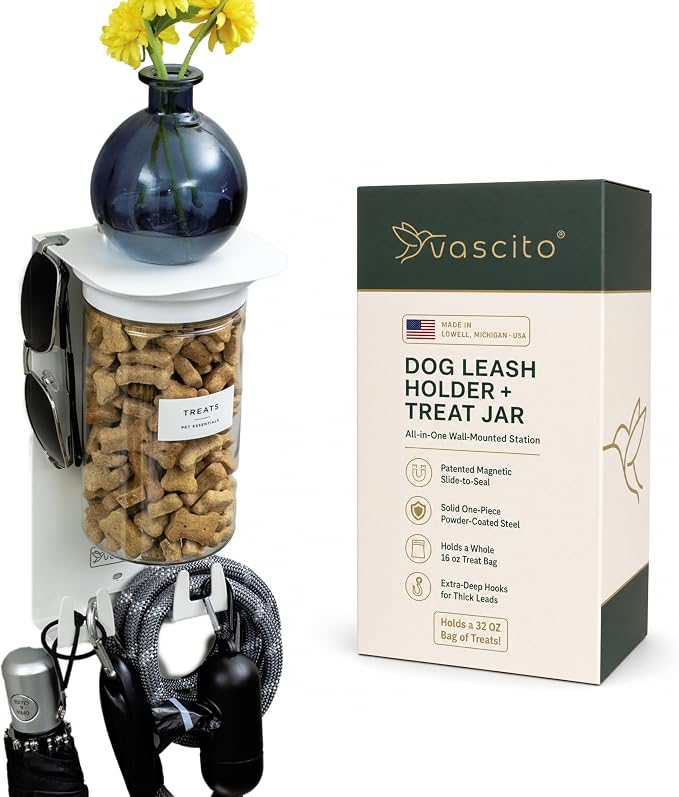 Dog Leash Holder for Wall with Shelf — Wall Mounted Dog Treat Holder & Station, 1 Large Airtight 32oz Treat Container, 6 Hooks, Patented Lidless Slide-to-Seal Jar, Solid Steel, Made in USA