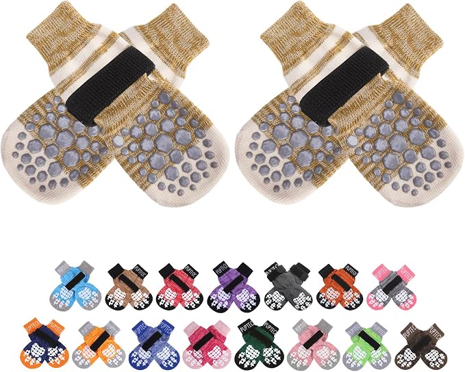 PUPTECK Anti-Slip Dog Socks with Double Sides for Small Medium Large Dogs Hardwood Floors Prevents Licking, Dog Shoes for Hot Pavement Traction Control Paw Protector for Senior Dogs, Striped Khaki XL