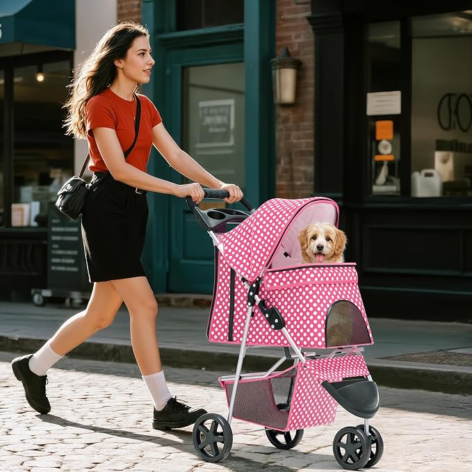 Pink Dog Stroller for Medium Dogs 30 lbs Pet Stroller for Small Dogs Cat Strollers for 2 Cats, 3 Wheels Foldable Jogger Puppy Stroller with Storage Basket and Cup Holder, Pink Polka Dots