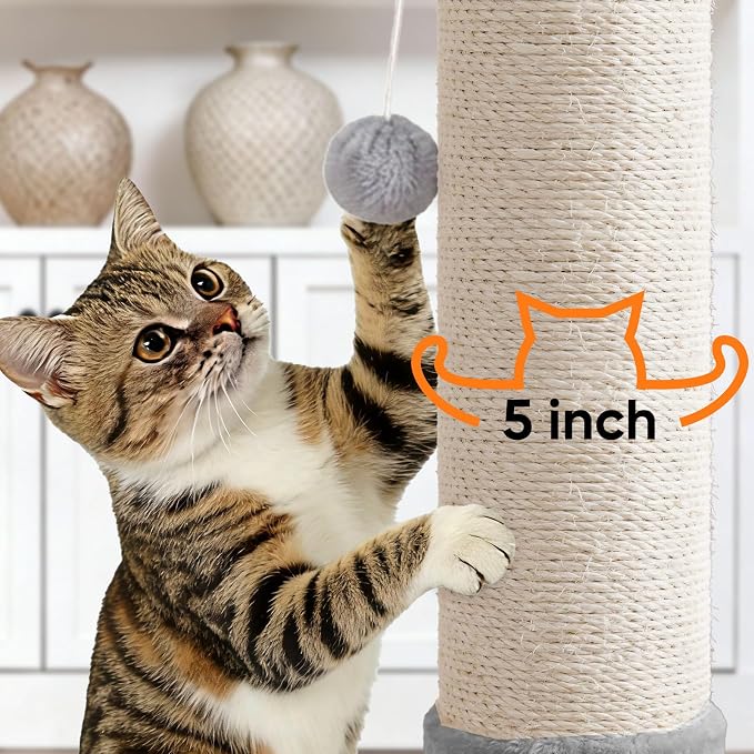 PAWSCRAT Cat Scratching Post 32" Tall, 5-Inch Diameter Natural Sisal Cat Scratch Post with Dangling Ball for Indoor Cats, Scratch-Resistant Durable and Protect Your Furniture, LightGrey