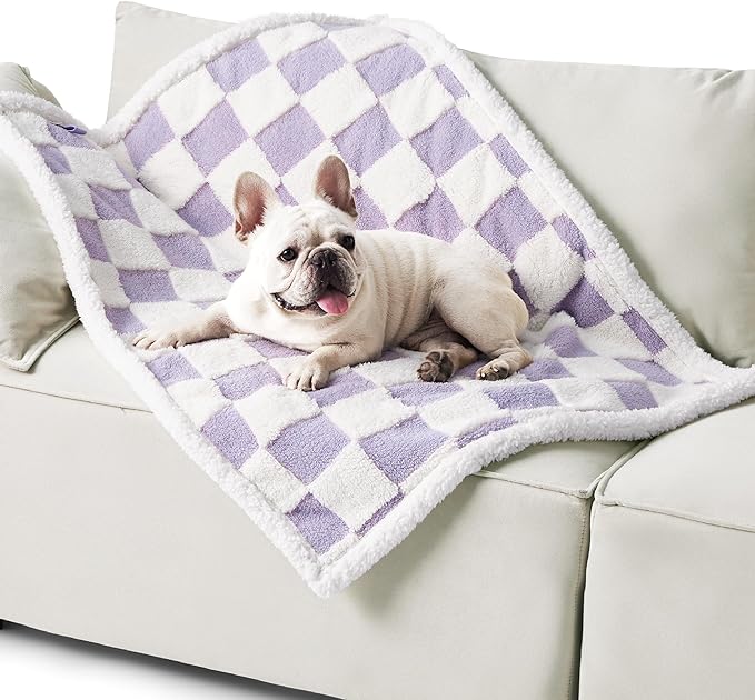 LE SURE Waterproof Dog Blankets for Medium Dogs Cute 3D Jacquard,30x40 | Puppy Blanket for Cat Aesthetic Gift, Warm Soft Sherpa Throw Washable, Reversible Pet Couch Protector, Lavender Checks