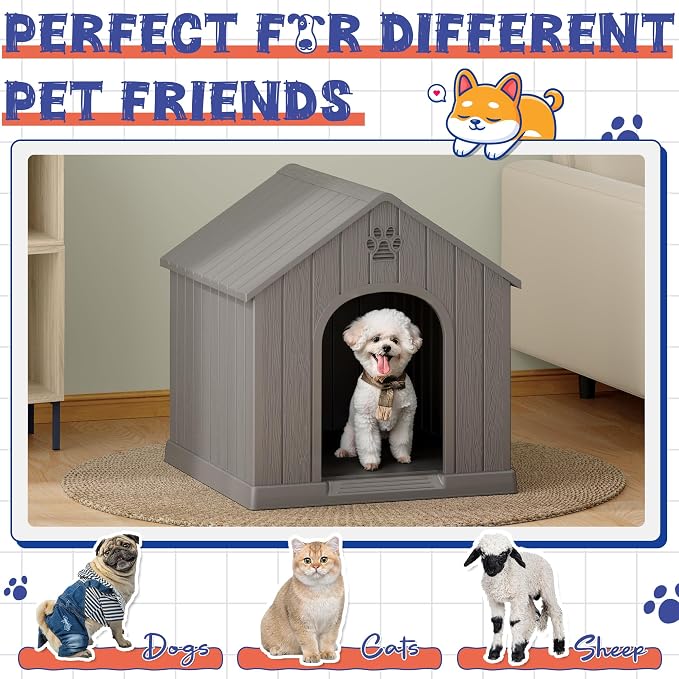 Bifanuo Outdoor Indoor Dog House for Small & Medium Dogs - Weatherproof Shelter with Elevated Floor, Hidden Vents & Tool-Free Assembly (Classic Grey, 26.18" L x 24.03" W x 25.98" H)