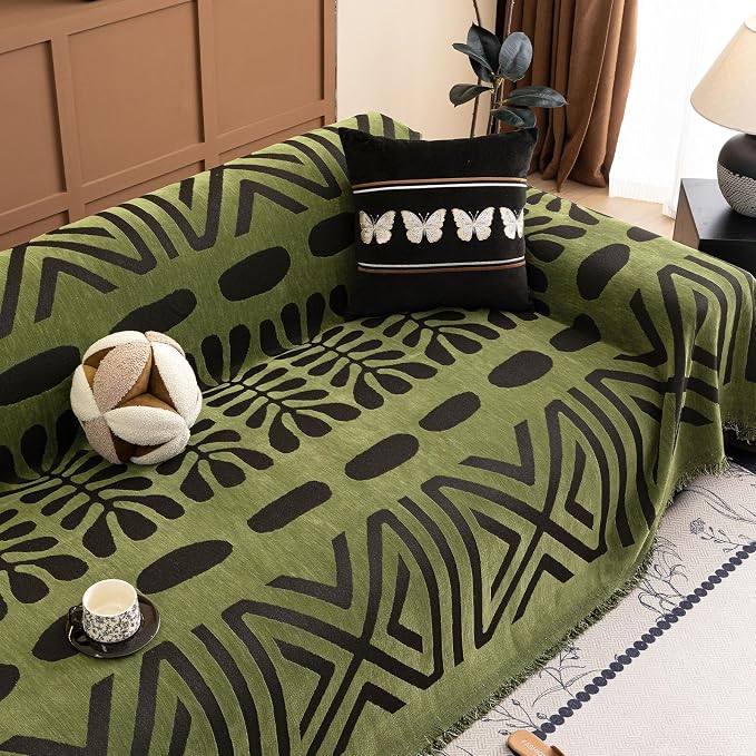 VClife Bohemian Green and Black Couch Cover Western Aztec Sofa Cover for 2 Cushion Couch Sofa Washable Chenille Sofa Slipcover Boho Non Slip Geometric Couch Covers for Sectional Sofa 71''x118''