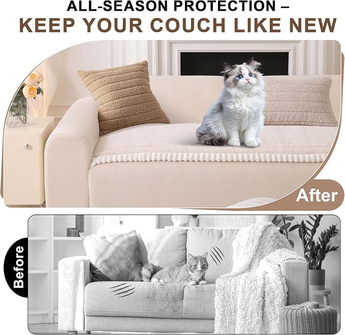 OTOB Couch Covers for Sofa Pet Friendly, Washable & Non Slip Fuzzy Dog Couch Cover Sofa Slipcovers Love Seat, Soft Plush Cozy Furniture Protector Cushion Mat, All Seasons (Beige, 27.6" x 59.1")