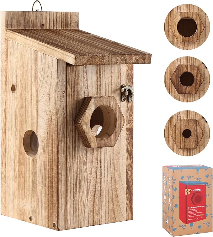 Bird House for Outside –Hanging Birdhouse for Bluebird Finch Swallow Wren Chickadee, Decorative Outdoor Bird Nesting Box with 3 Size Holes, Assembly Required (1)