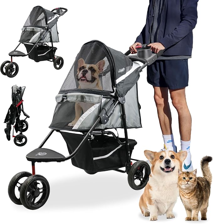 Petique Revolutionary Durable Pet Stroller, Easy Fold, Quality mesh Windows, Large Storage Basket, Secure Cup Holder Tray, Small/Medium Dogs, Cats and Pets, Supports up to 55LBS - Galaxy (Gray)