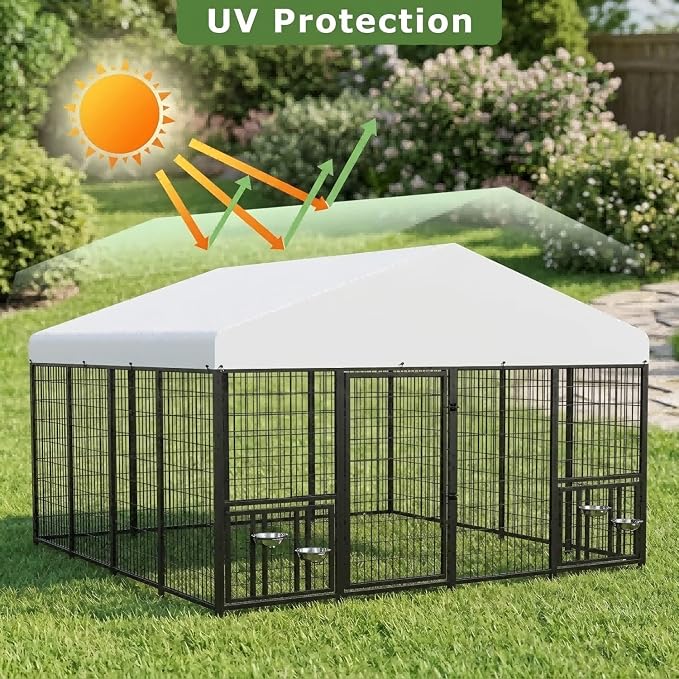 10 x 10 x 6.5 FT Outdoor Dog Kennel with Roof for Large Dogs | Large Dog Run with Rotating Feeder, 2 Stainless Steel Bowls and Double Latch Gate