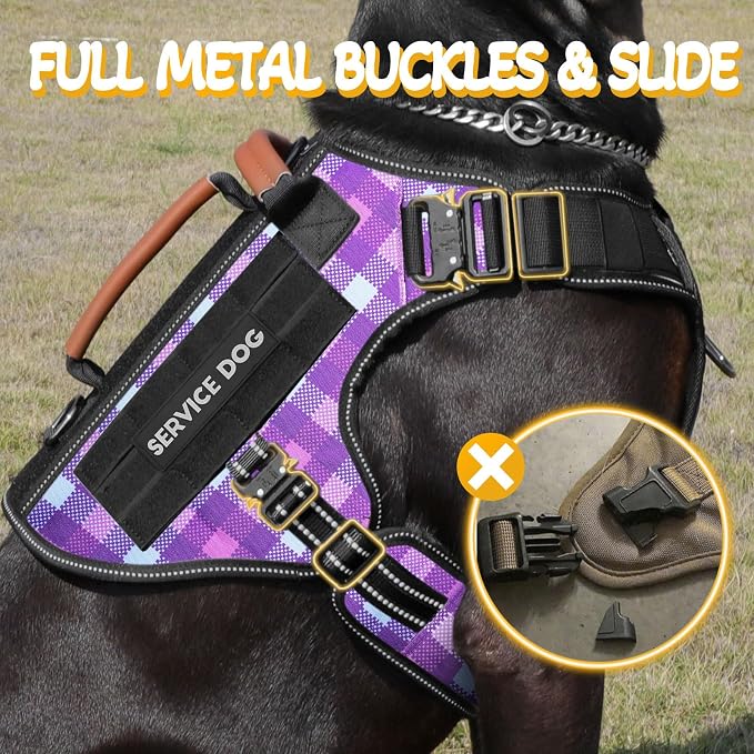 Tactical Dog Harness - HEYCAHVA Service Dog Vest Full Metal Buckles Dog Vest for Medium Large Dog Reflective No Pull Dog Harnesses Vest with Leather Handle, Hook & Loop for Hiking Training (Purple, L)
