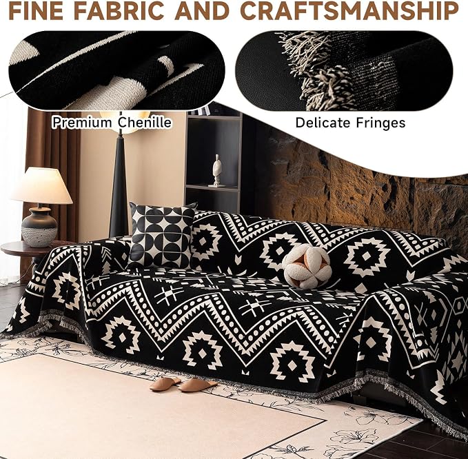 VClife Extra Large Couch Cover for Oversize Sofa Bohemian Sofa Slipcover, Aztec Geometric Chenille Sofa Cover Washable White Black Tribal Pattern Couch Protector Futon Cover 71" X 150"