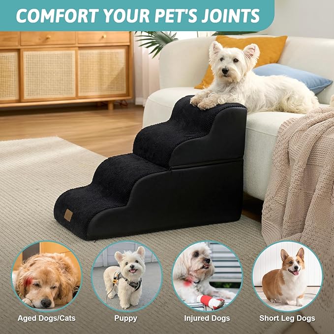 Detachable Curved Dog Stairs 19.7" H, 4 Step Small Dog Step for Puppy or Older Cat, Ramp for Bed, Sofa, Couch or Chair, Ladder with High Density Foam, 15.7x28.3x19.7 inch, Black