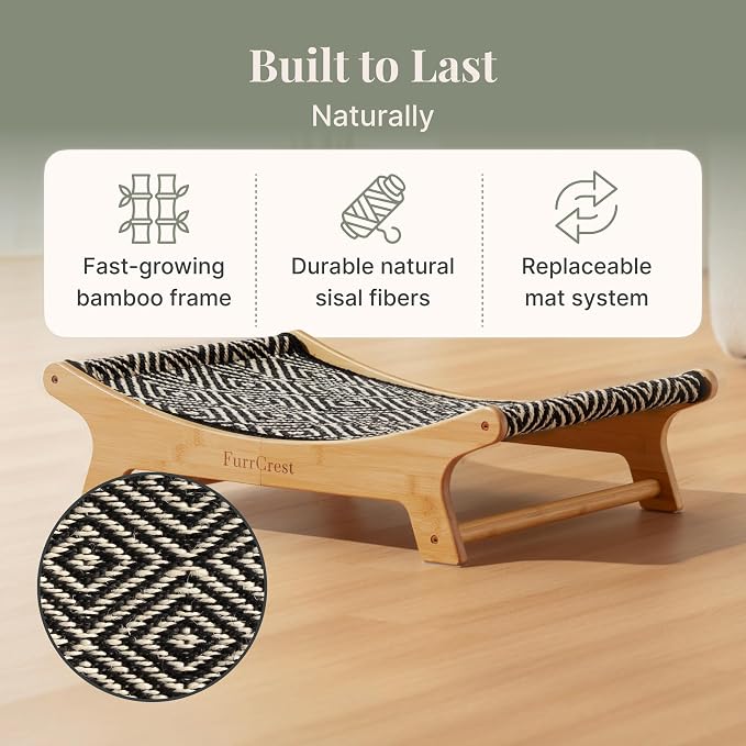 XL Sisal Cat Scratcher Bed with Elevated Hammock for Indoor Cats, Replaceable Natural Sisal Pad, Large Cat Lounge, Anti-Slip No-Wobble Bamboo Frame, Black & White Diamond.