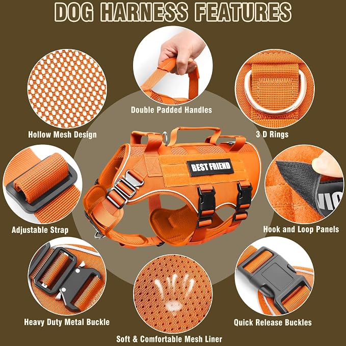 Air Mesh Tactical Dog Harness with Metal Buckles&MOLLE,Orange Large | Breathable Adjustable No Pull Service Dog Vest with 3 Padded Handles,Military Dog Harness for Training Hiking Hunting Working