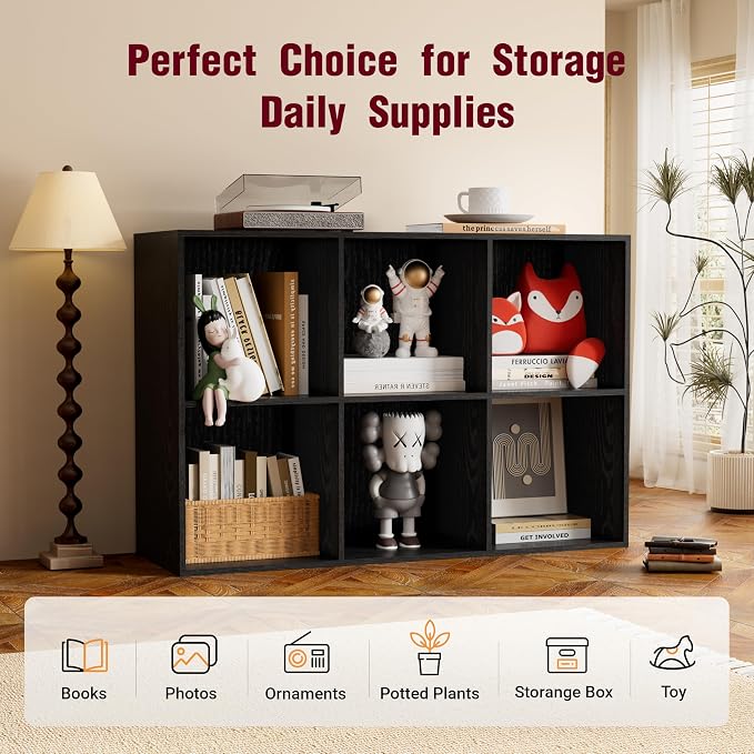 Book Shelf, Wooden Cube Storage Organizer with 11" Open Cubes, Stackable Modular Bookcase for Room Divider Storage, 2 Tier Bookshelf for Living Room, Bedroom, Office (Black, 6-Cube)