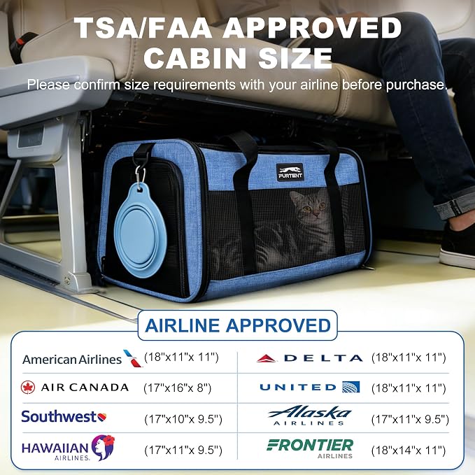 Pet Carrier Airline Approved, Soft Sided Cat Carrier for Small Pets up to 13 lbs, TSA Approved Dog Travel Bag, Portable Soft Sided Pet Carrier for Kittens and Puppies (Blue, Folding Bowl)