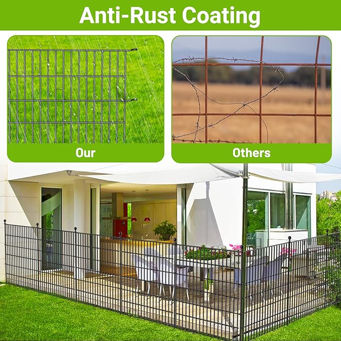 10 Panels No Dig Decorative Outdoor Garden Fence with Gate for Yard, 24 in(H) X 20 ft(L) Animal Barrier Fencing Rustproof Metal Wire Panel Border for Dog, Rabbits, and Patio Temporary Ground Stakes