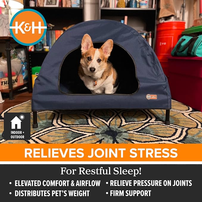 K&H Elevated Dog Bed, Outdoor Pet Cot House for Medium Pets - 32x25in Blue | Outdoor Raised Dog Bed House, Enclosed Canopy, Window Flaps for Air Flow, Washable Cover, Raised Metal Frame, Collapsible