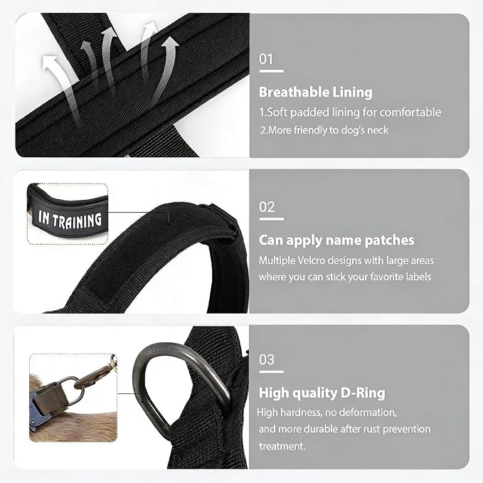 Tactical Dog Collar for Large Dogs with Control Handle,Black,XXL | Adjustable Fit,Heavy-Duty Quick-Release Metal Buckle,1000D Nylon Fabric,Soft-Padded Webbing,D-Ring,for Training & Hiking