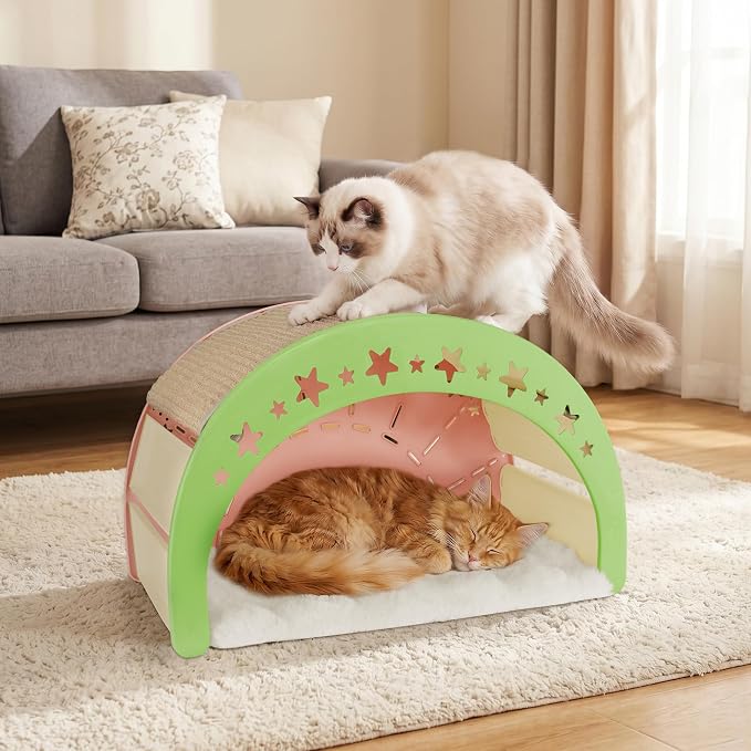 3-in-1 Crescent Elevated Cat Bed with Removable Sisal Scratcher & Soft Fleece Mat, Rocking Cat Hammock Lounge for Indoor Cats, Kittens & Small Animals, Pink