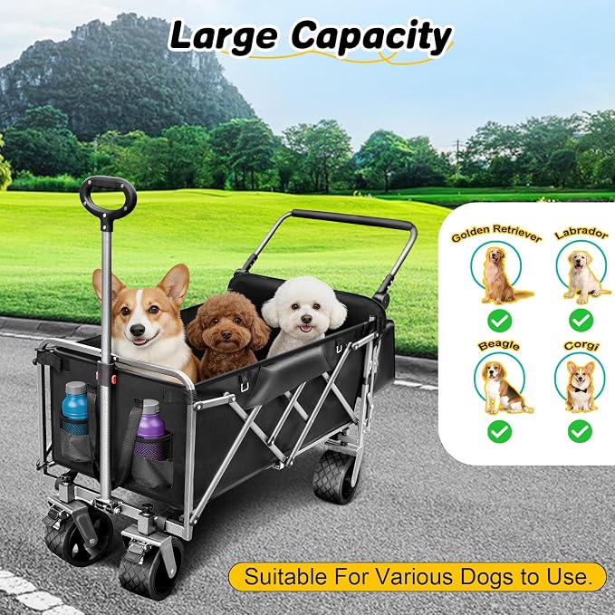 Folding Large Dog Wagon Cart for Senior, Injured & Arthritic Dogs | Heavy Duty Utility Large Dog Stroller Cart Up to 220LBS, All-Terrain, Tailgate, Adjustable Handle, Thick Mat, Storage Baskets