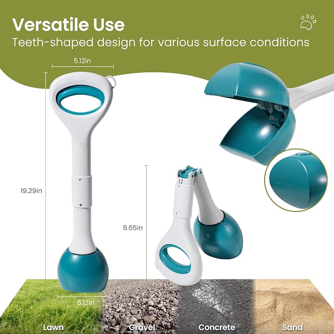 Dog Pooper Scooper Portable with Bag Attachment, One Handed Foldable Design, Includes 120 Waste Bags and Dispenser, 19 Inch Handle for Grass Yard Gravel Cleanup (Green)