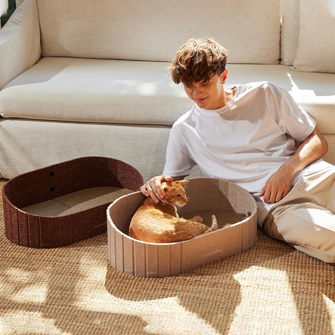 FUKUMARU Cat Scratcher, 24 Inch Sofa Shape Cat Scratching Bed Couch Indoor | Oval Felt Cat Scratcher Bed with Reversible Detachable Cat Scratching Boards, Round Cats Scratch Pads Refill, Caramel