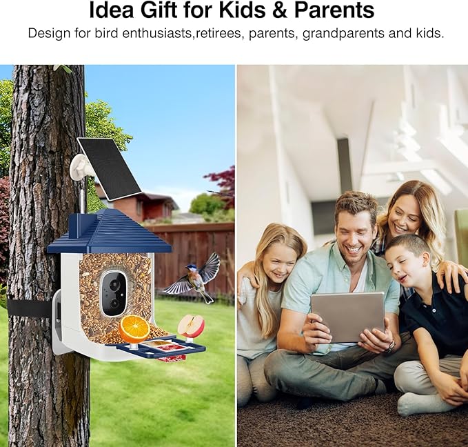 Smart Bird Feeder with Camera,AI Identify Species,Bird House with Solar Powered,Instant Arrival Alerts,2K HD Capture Video Live View,Gift for Birds Lover (Indigo Blue)