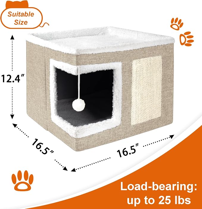 Loyareal Cat Houses for Indoor Cats - Large Cat Bed Cave with Scratch Pad and Fluffy Ball, Foldable Cat Condo Hideaway with Reversible Cushion for Multi Small Pet, Khaki