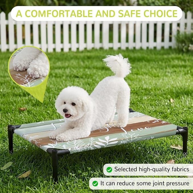 Outdoor Elevated Dog Bed for Large Dogs, Teal Brown Botanical Breathable Cooling Raised Dog Cot for Indoor/Outdoor, Farmhouse Wooden Leaves Waterproof Elevated Pet Beds, L 28 x 22 in