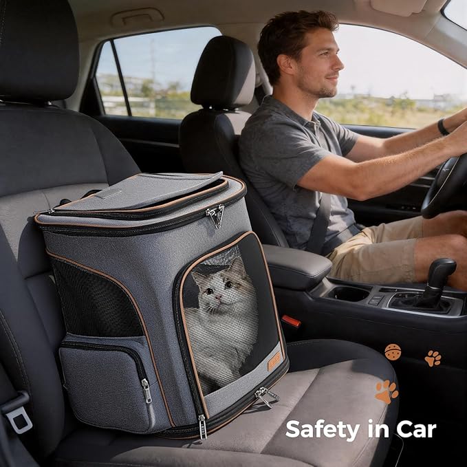 Lekereise Cat Backpack Expandable Pet Carrier Backpack for Small Cats and Dogs, Airline-Approved Foldable Dog Carrier Backpack with Inner Safety Leash, Grey