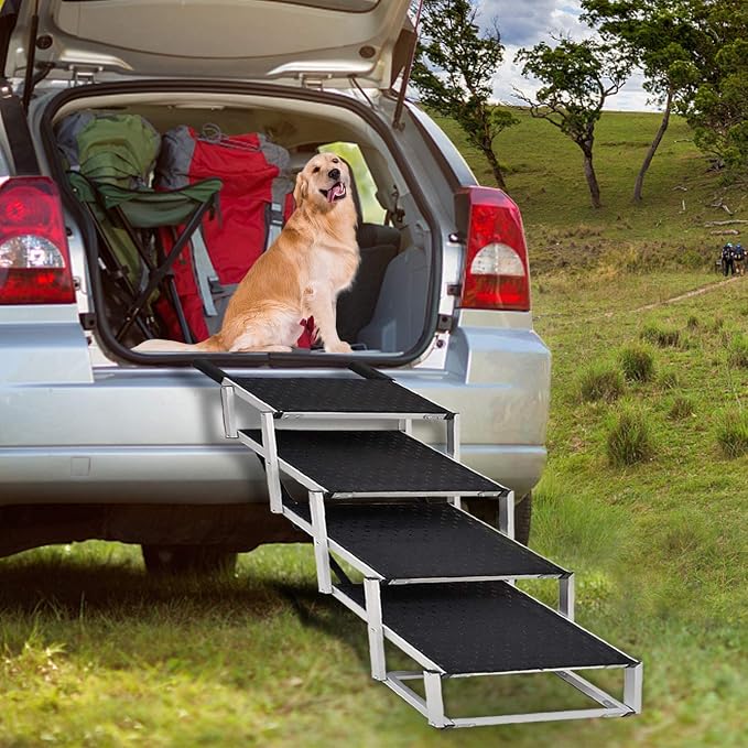 Joyrally 4-Step Dog Stairs for Car, Large Dogs, High-Traction Mat | 20 in extra-wide aluminum frame, 200 lb capacity and foldable design for SUV and truck trunks, for senior and injured dogs
