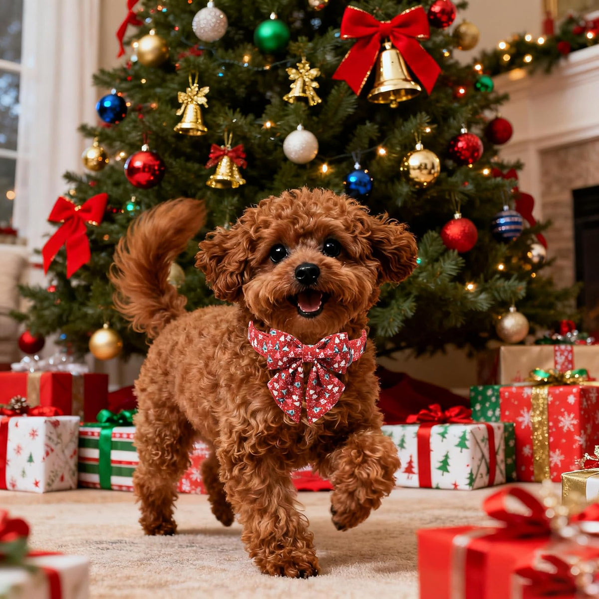 Lionet Paws Christmas Dog Collar with Sailor Bow, Cute Christmas Tree Red Dog Collar Bow Tie for X-Large Dogs, Neck 16-26 inches