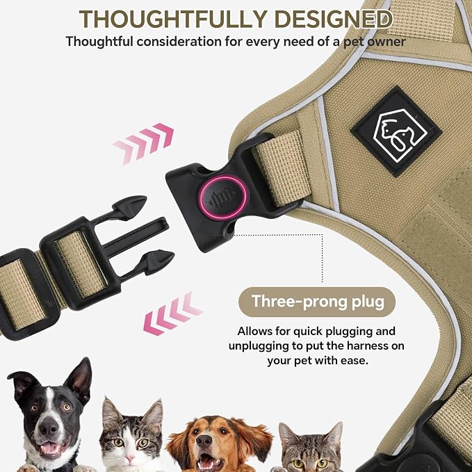 Heavy Duty Tactical Dog Harness for Small Dogs, No Pull Dog Harness with Handle & Front Clip, Reflective Soft Padded, Hook and Loop Panel, Dog Vest for Walking, Service Training, Khaki