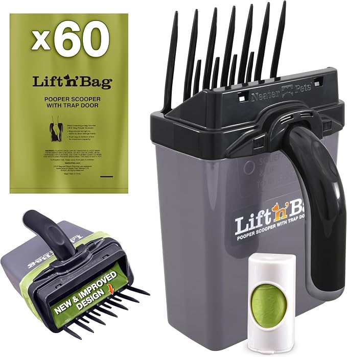 Neater Pet Brands Lift N’ Bag 2.0 Dog Pooper Scooper with Bag Attachment for Small to Large Dogs, New & Improved Design, 60 Refill Bags, Heavy Duty Dog Poop Scooper for Yard & Walks, One-Hand Use