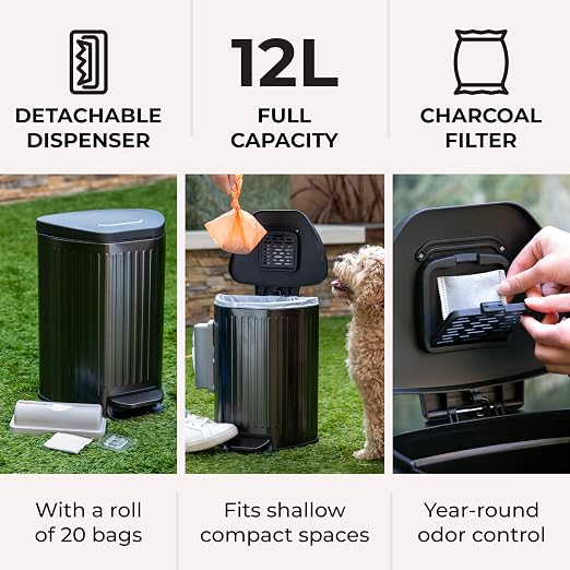 Dog Poop Trash Can Outside with Lid – 12L Stainless Steel Outdoor Trash Can with Reusable Charcoal Filter, Step-On Pedal & Bag Dispenser – Dog Waste Station, Cat Litter Trash Can & Diaper Pail