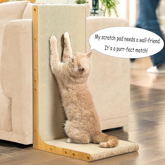 Conlun Cardboard Cat Scratcher,26" L-Shaped Scratch Pad Wall Mounted,Vertical Scratching Post Durable Cardboard to Protect Furniture for Indoor Cats,Wood Grain Junbo (2 Pack)