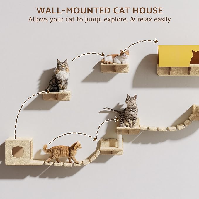 16-in-1 Cat Wall Shelves, Cat Furniture w/Tunnel & Bridge, Beige | Wall Mounted Cats Shelf Set with Plush Fabric, Cat Climbing Wall Systems for 16 Inch Drywall, with Scratching Posts, Condos