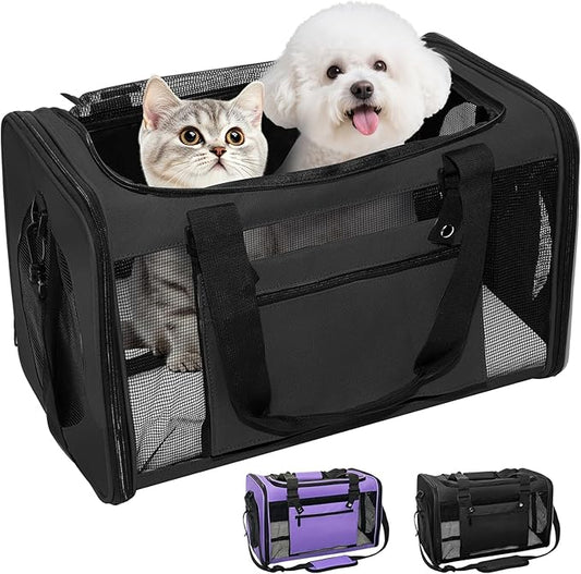 Soft-Sided Cat Carrier Expandable Pet Carrier Airline Approved Mesh Zipper with Lock Travel Carrier Up to 15lbs for Cats Dogs Collapsible Escape-Proof with Strap (18x11x11 Black-L)