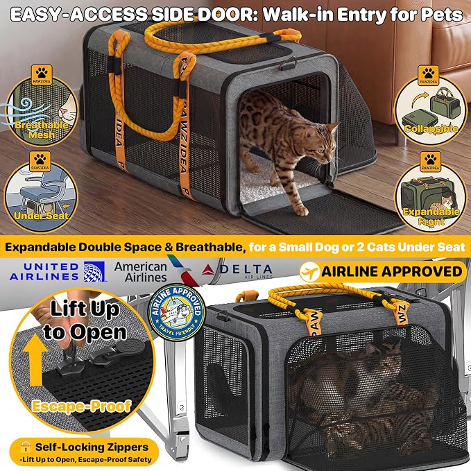 PAWZIDEA Expandable Pet Carrier with Wheels, 18"x11"x11" TSA Airline Approved Cat Carrier for 2 Cats Under Seat, Collapsible Soft-Sided Small Dog Rolling Travel Bag with Telescopic Handle, Up to 18lbs
