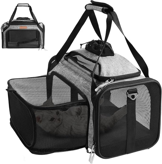 PETUX Expandable Airline-Approved Pet Carrier for Small Cats up to 10 lb | Top-Side Expandable, TSA‑Friendly, Underseat, Soft Travel Bag with Breathable Mesh and Safety Buckle, 17 x 11 x 9.5 in, Grey