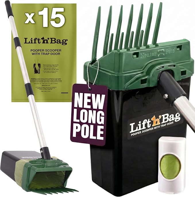 Neater Pet Brands Lift N’ Bag 2.0 Dog Pooper Scooper with Bag Attachment & 31" Pole for Small to Large Dogs, New Longer Pole, 15 Refill Bags, Heavy Duty Dog Poop Scooper for Yard, One-Hand Use