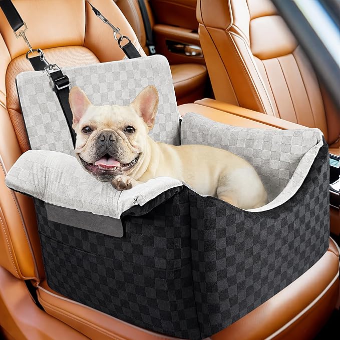 BONTHEE Elevated Dog Car Seat for Small Medium Dogs Under 30 lbs, Memory Foam Elevated Booster Seat with Headrests Support, Travel-Safe Car Bed with Detachable Washable Cover & Safety Belt