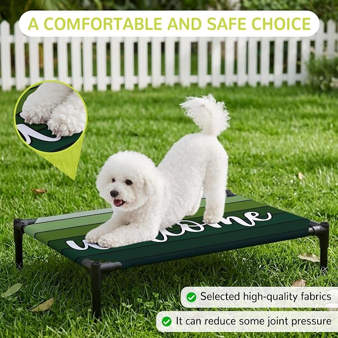Outdoor Elevated Dog Bed for Medium Dogs, Green Wooden Grain Breathable Cooling Raised Dog Cot for Indoor/Outdoor, Ombre Farmhouse Country Wood Plank Waterproof Elevated Pet Beds, M 24 x 20 in