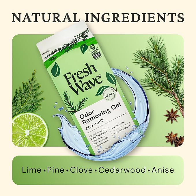 Fresh Wave Odor Removing Gel Eco-Refill, 63 oz. Original Scent | 2 Empty Refillable Glass Jars | 2 Room Set