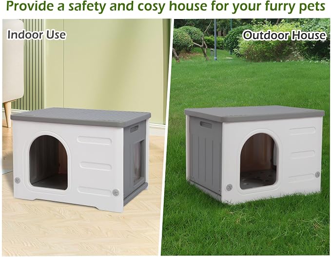 Waterproof Cat House for Outdoor Cats, Plastic Feral Cat House | with Escape with Escape Door and Soft Mat, Indoor Cat Shelter for Mutiple Cats - Grey