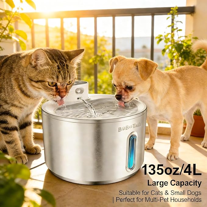 135oz/4L Stainless Steel Cat Water Fountain - Ultra-Quiet Automatic Pet Drinking Fountain for Cats&Dogs Indoor, Automatic Dog Watering Dispenser Bowl with Watering Level Window and Filter (Silver)